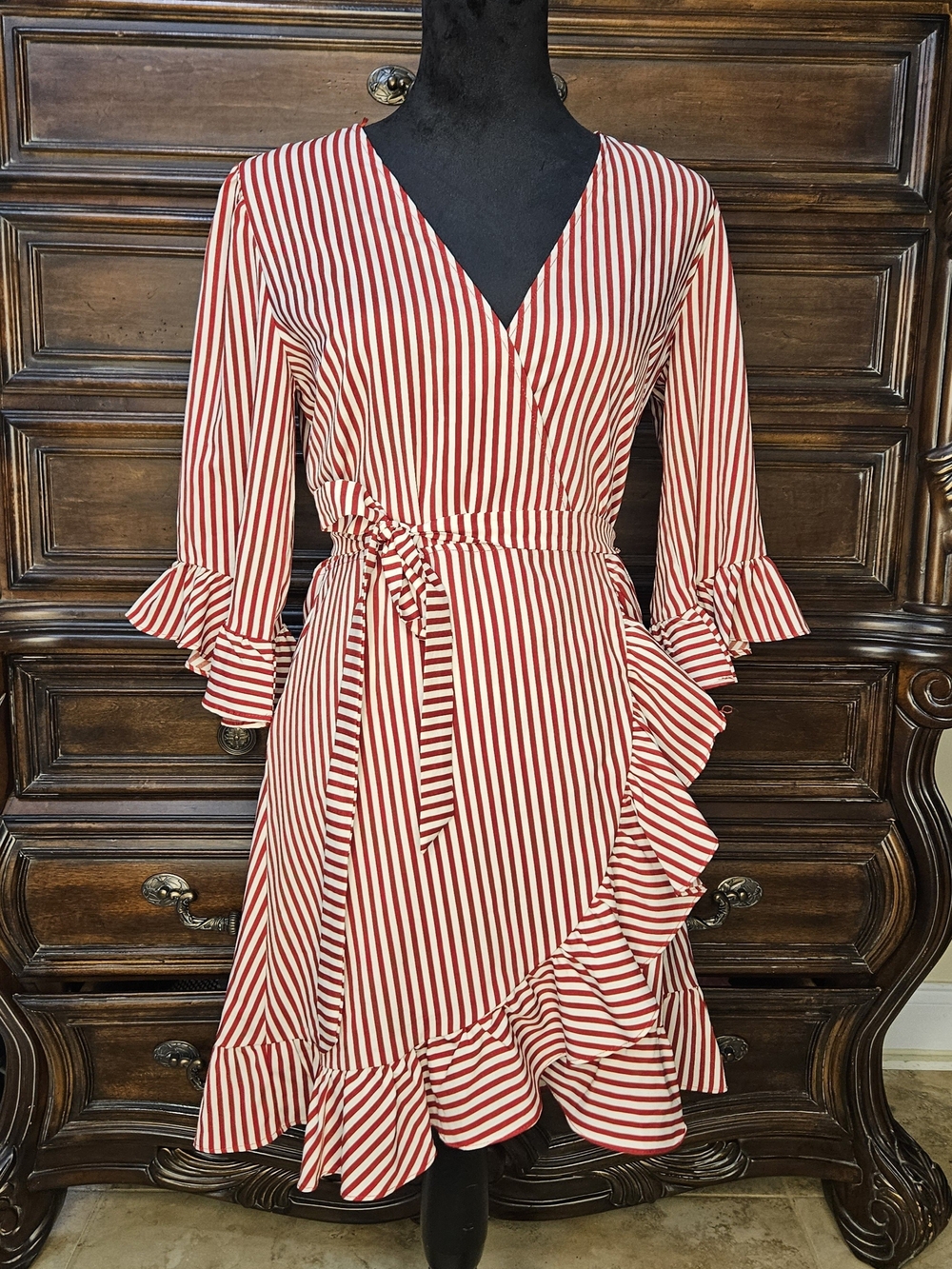 Source Unknown Red and White Striped Wrap Midi Dress with Ruffle Trim